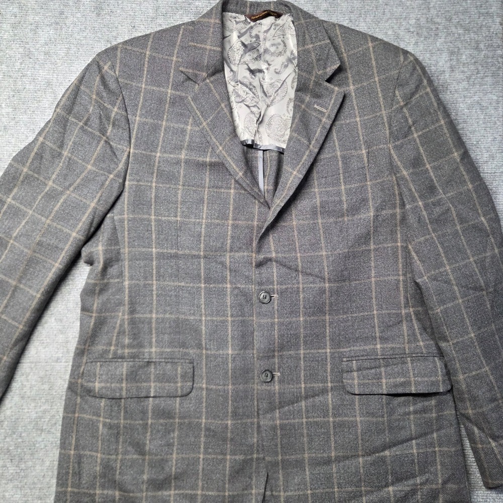 Robert Talbott Carmel Grey Windowpane Wool Sport Coat Blazer 44L Made in Canada